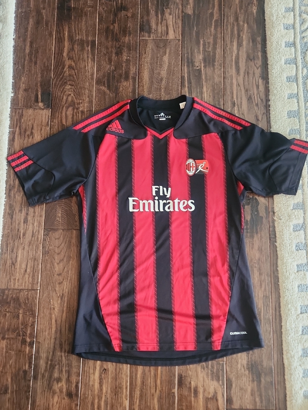 adidas Red and Black Striped Soccer Jersey with Fly Emirates